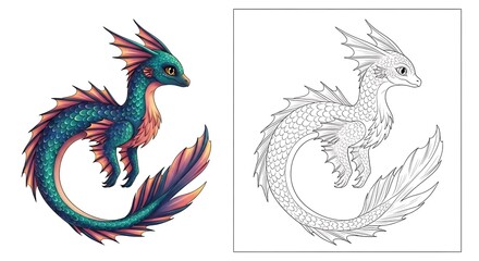 A charming coloring page featuring a cute baby dragon with scales and fins isolated on white background