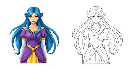 Illustration of a beautiful princess with blue hair and a purple dress isolated on white background