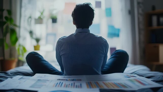 A man sits on a bed, surrounded by scattered papers and charts as he reflects on his work. The man focuses intently on the documents, contemplating the results and progress.