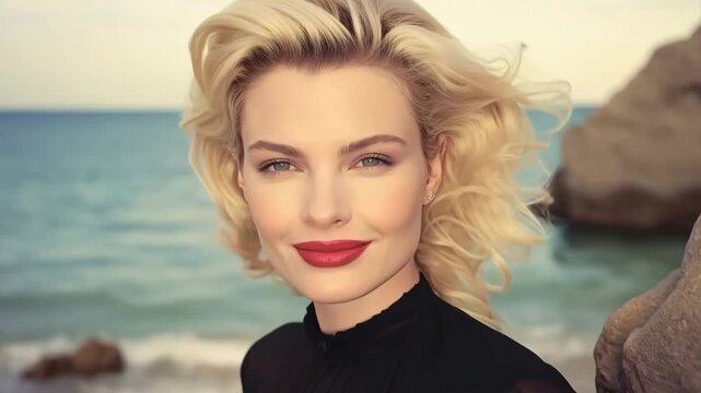 Fashion video of beautiful blond woman on beach wearing black designer dress on summer sunny day and smiling to camera.Zoom in slow motion.AI Generative