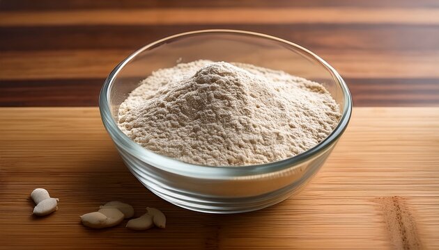 High Quality Photo Of Guar Gum Powder In Glass Bowl On Wooden Board White Powder Additive Derived From Guar Beans Used As A Food Additive E412 Binder And Excessive Water
