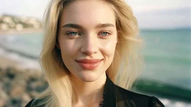 Fashion video of beautiful blond woman on beach wearing black designer dress on summer sunny day and smiling to camera.Zoom in slow motion.AI Generative