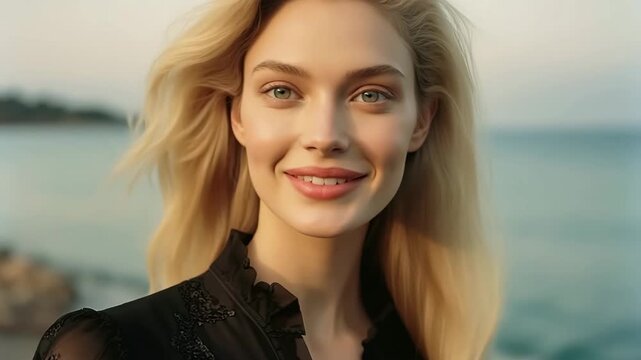 Fashion video of beautiful blond woman on beach wearing black designer dress on summer sunny day and smiling to camera.Zoom in slow motion.AI Generative