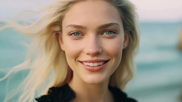 Fashion video of beautiful blond woman on beach wearing black designer dress on summer sunny day and smiling to camera.Zoom in slow motion.AI Generative