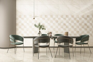 Modern dining space interior featuring black quartz tabletop and wooden furniture, green cozy sofa chairs, hanging lamps, glass water filled vase on table. Mockup. 3D Rendering