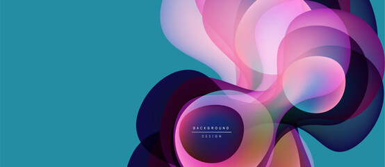 Abstract fluid shapes overlap, creating vibrant color gradients. Teal background complements flowing design elements. Modern, dynamic composition.