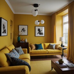 Contemporary Yellow-Themed Living Space with Pendant Lighting