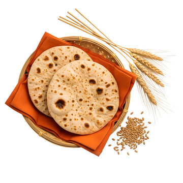Two roti flatbreads with wheat stalks isolated on transparent background