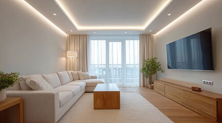 Fototapeta premium Light-filled modern living room with beige couch and wooden accents