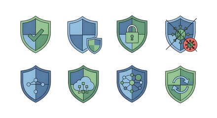 Set of animated security shield icons symbolizing cybersecurity protection, online privacy, and digital safety technology concepts.