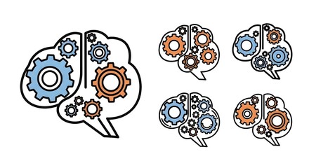 Animated gears and brains symbolizing teamwork, innovation, and artificial intelligence working together in technology design concepts.