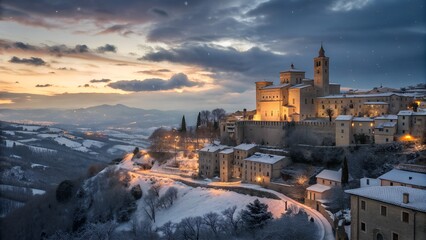 Fototapeta premium Winter Sunset over Snowy Medieval Town