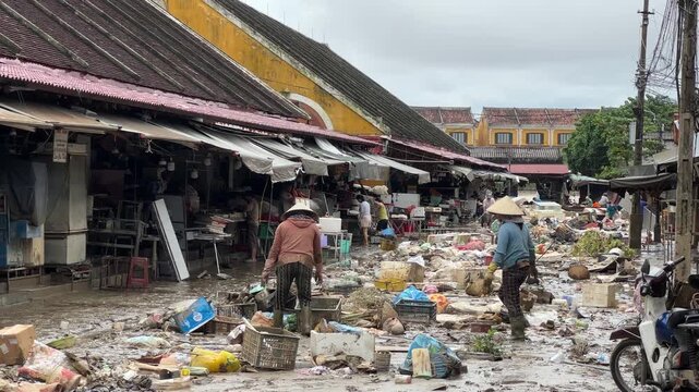 Restored buildings and clean streets after flood in old town Hoi An, Vietnam