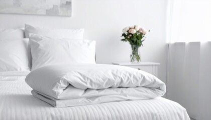 Minimalist bedroom with white bedding and flowers, creating a sense of tranquility