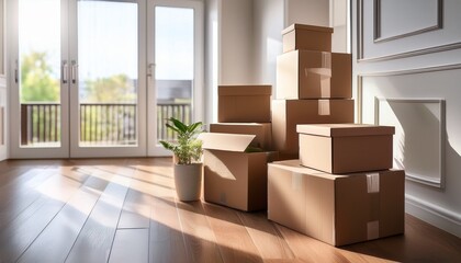 stack of cardboard boxes with household belongings on floor in empty living room moving to new home relocation renovation homestaging removals and delivery service