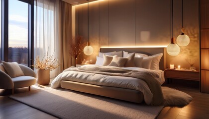 elegant bedroom interior with cozy lighting and plush pillows