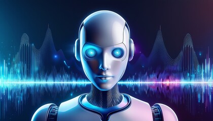 futuristic ai robot with sound waves digital assistant voice recognition and chatbot technology concept