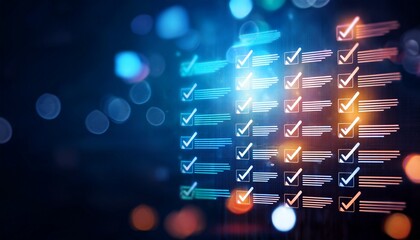 abstract digital checklist interface with checkmarks and glowing bokeh lights representing progress completion and data processing