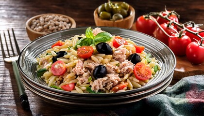 fresh mediterranean orzo salad with tuna olives and tomatoes on rustic table