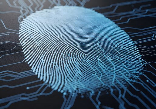 Close up of a fingerprint with circuit board lines emanating from it on a dark background