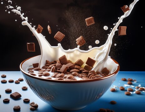 dynamic cereal bowl with chocos and splashing milk