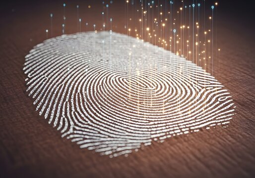A detailed fingerprint pattern with digital data streams emanating from it on a wooden surface