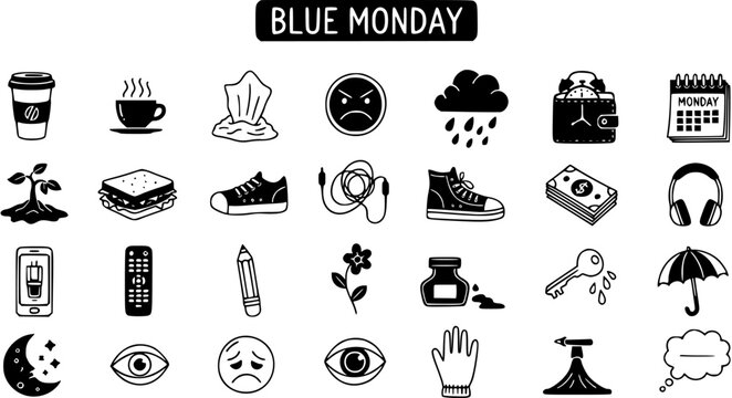 Blue Monday Vector Doodles: Hand-drawn Icon Set of Everyday Objects and Emotions for Sadness, Stress, and Winter Depression Concepts