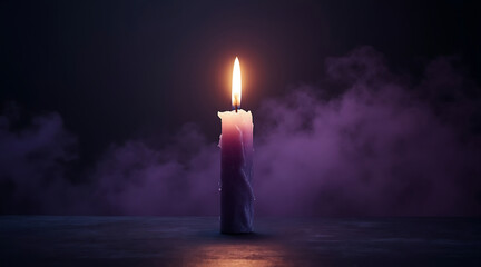 Burning candle with glowing flame and purple smoke on dark background creating mysterious atmosphere