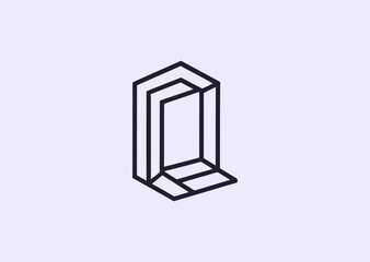 A futuristic dimensional gate logo composed of precise geometric lines forming a symmetrical portal, representing transition, innovation, and mystery in modern vector style