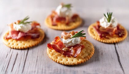 savory rosemary and bacon appetizers on creamy cracker bites for gourmet dining ritz crackers with whipped honey ricotta and bacon