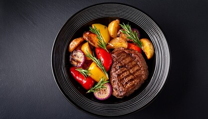 grilled steak roasted potato red pepper yellow pepper red onion fresh herb black bowl top view delicious meal