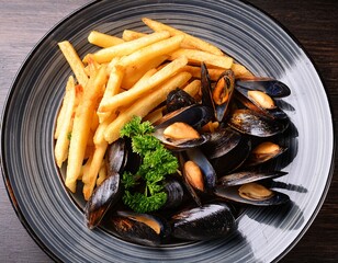 delicious mussels and french fries dish garnished with fresh parsley