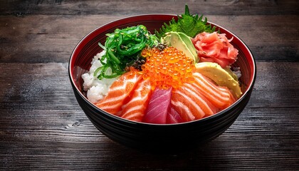 chirashi don fresh sashimi rice bowl with salmon tuna avocado seaweed and roe vibrant japanese cuisine on wooden table
