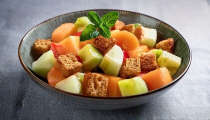 Homemade Fresh Melon Fruit Salad With Waer Melon Honey Melon And Butter Roasted Bread Croutons Served As Closeup In A Bowl