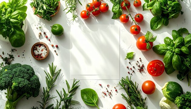 Fresh vegetables and herbs arranged around a blank sheet of paper, perfect for recipes or healthy eating ideas