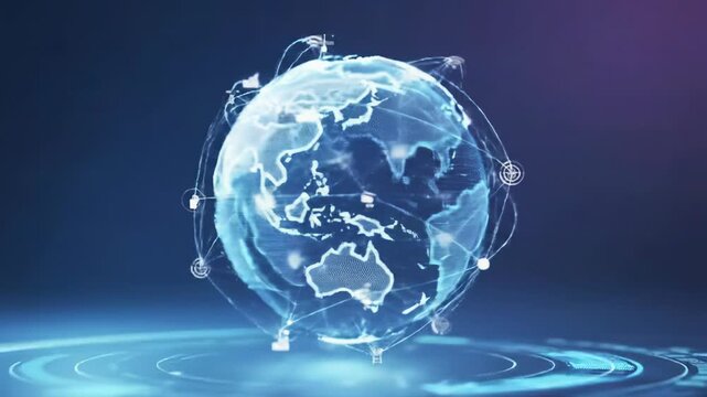 Expansive 3D abstract digital globe with pulsating glowing nodes, luminous connecting lines, and ethereal data streams. Holographic business icons animate on a blue-purple gradient background with a