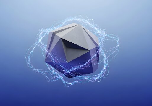 Abstract geometric shape surrounded by blue light trails on a gradient blue background render design