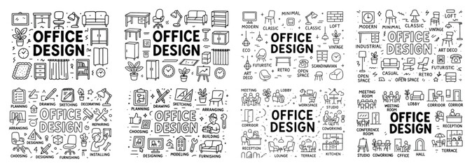 Naklejka premium Office design styles and furniture icons set