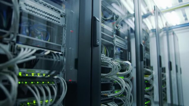 Dynamic video inside a cutting-edge server room: sleek dark grey server racks, pulsating green and red LED lights, and multi-colored cables. Slow horizontal dolly reveals vast digital infrastructure.