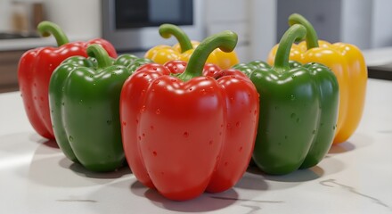 Fresh colorful bell peppers on kitchen counter
