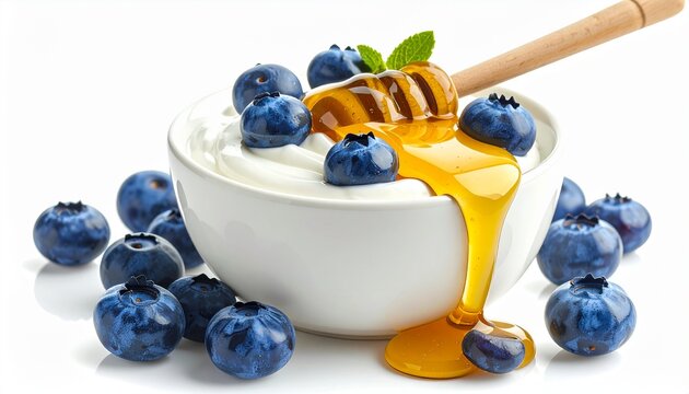 A healthy breakfast bowl of creamy white yogurt topped with fresh ripe blueberries and golden honey being drizzled from a wooden dipper on a white background