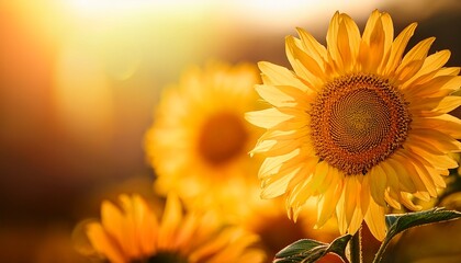 Fototapeta premium Sunflower Flowers On Soft Blur Background Closeup Bright Yellow Sunflowers In Bright Golden Sunlight With Bokeh