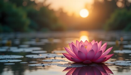 Serene Pink Lotus Blossom Reflecting Sunset on Calm Water