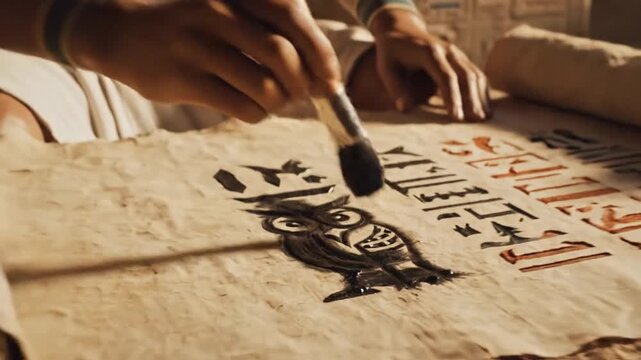 Ancient scribe writing on papyrus scroll historical artwork cultural design educational visual