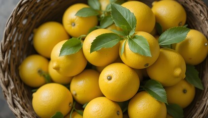 Fresh Lemons in Wicker Basket with Green Leaves, Vibrant Yellow Citrus.