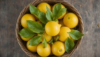 Abundant Lemons and Green Leaves in Woven Basket on Rustic Wood Surface, Top View