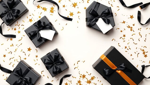 Elegant black gift boxes with gold confetti for celebrations