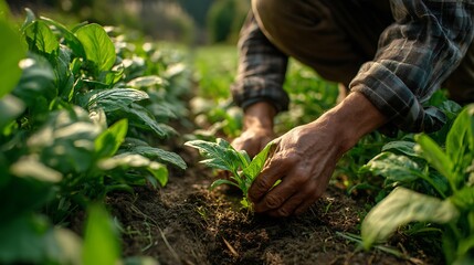 A farmers hands gently plant a small seedling in a row of fertile soil, bathed in the warm glow of golden hour sunlight