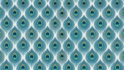 Elegant Peacock Feather Pattern: Teal, Gold, and White Seamless Design