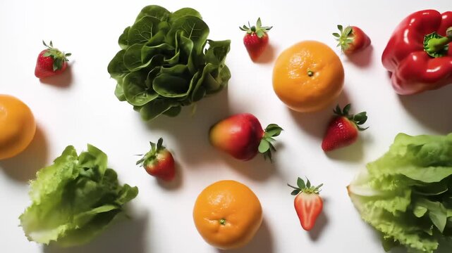 Fresh and Colorful Fruits and Vegetables on a White Background.